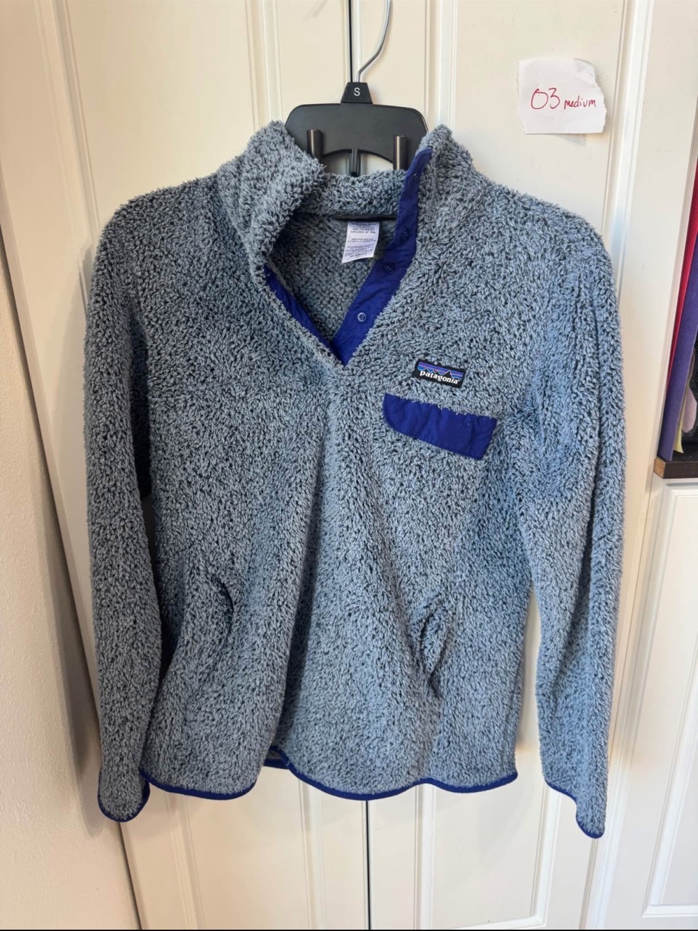 Patagonia Light Gray Sherpa Pullover with Blue Trim (03)